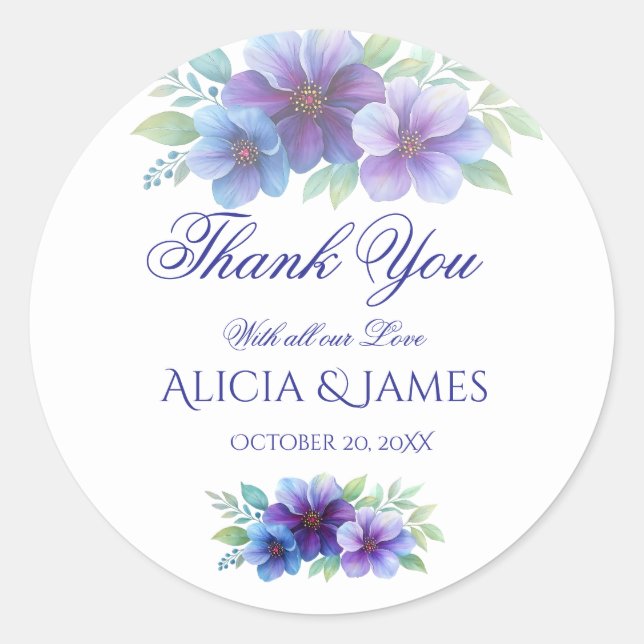 Sticker Rond Mariage d'aquarelle romantique bleu violet (Devant)