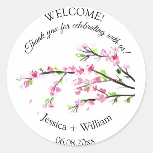 Sticker Rond Mariage d'aquarelle rose fleurs cerise