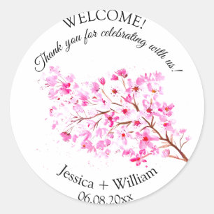 Sticker Rond Mariage d'aquarelle rose fleurs cerise