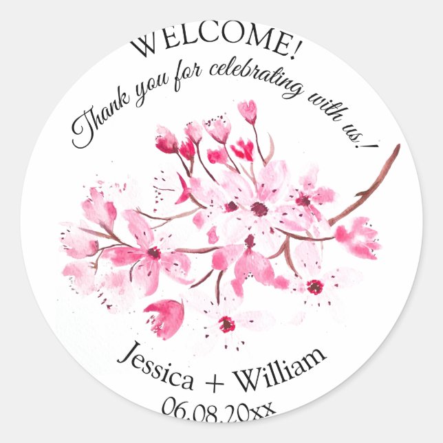 Sticker Rond Mariage d'aquarelle rose fleurs cerise (Devant)