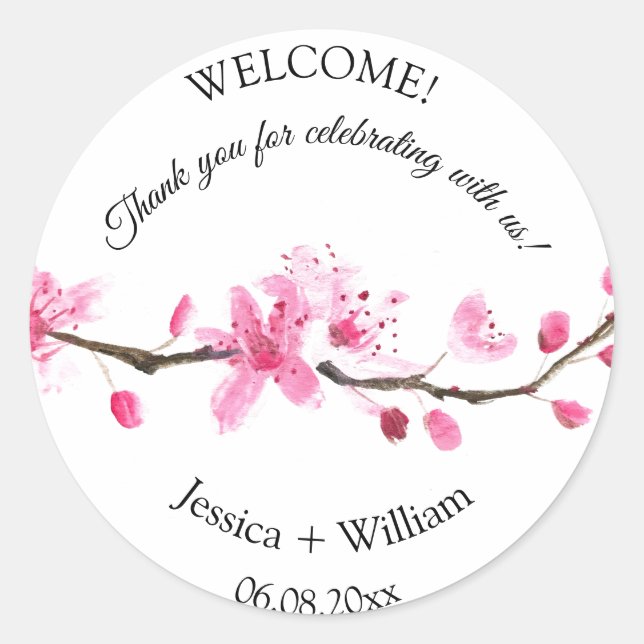 Sticker Rond Mariage d'aquarelle rose fleurs cerise (Devant)