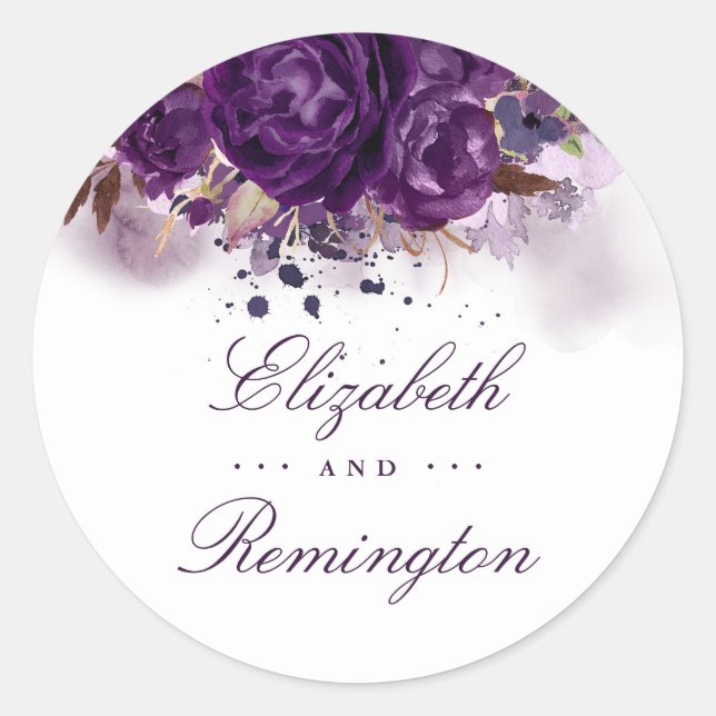 Sticker Rond Mariage d'aquarelle violet d'aubergine florale (Devant)