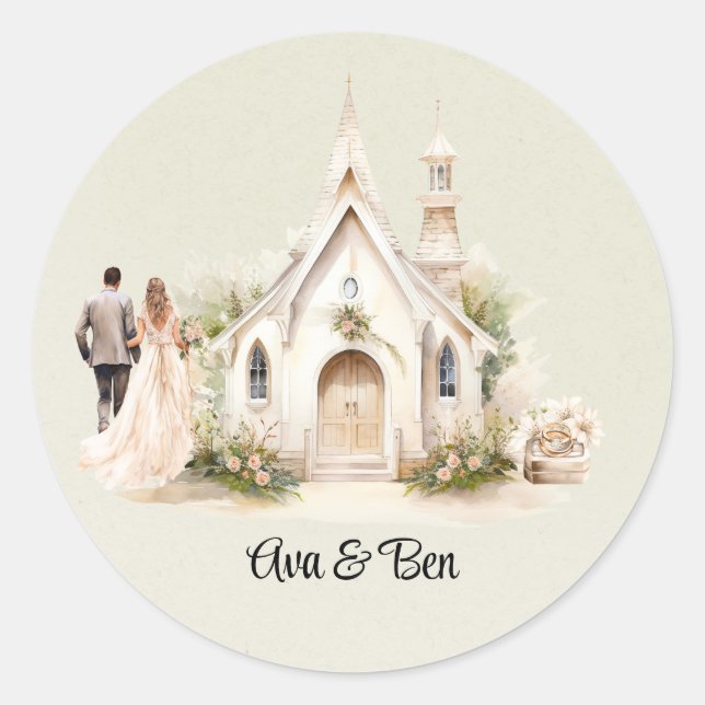 Sticker Rond Mariage d'aquarelle White Church (Devant)