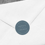 Sticker Rond Mariage d'ardoise bleue Adresse de retour Moderne<br><div class="desc">Cet autocollant d'adresse de retour mariage présente les noms du couple mariage et l'adresse en blanc contre une couleur d'ardoise bleue. Consultez les éléments mariages correspondants ici https://www.zazzle.com/collections/sage_layered_geometric_blue_slate_wedding-119021046856867346 Personnalisez-le en remplaçant le texte de l'espace réservé. Pour plus d'options comme changer la police, sa taille et l'espacement entre les lettres cliquez...</div>