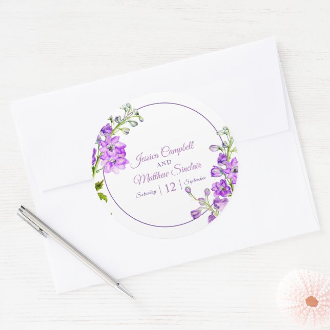 Sticker Rond Mariage d'art de l'aquarelle violette de Delphiniu (Enveloppe)