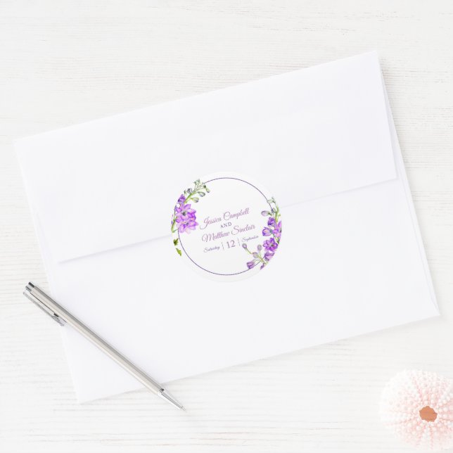 Sticker Rond Mariage d'art de l'aquarelle violette de Delphiniu (Enveloppe)