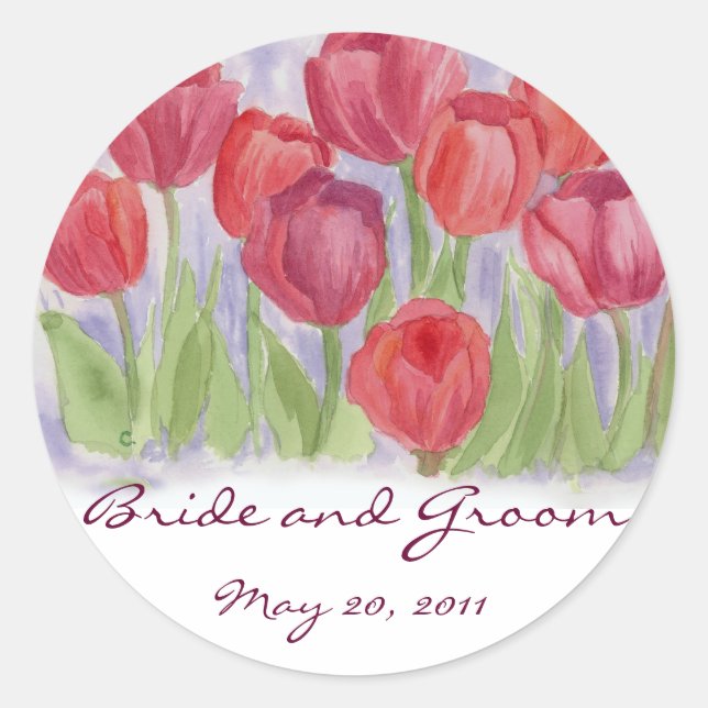 Sticker Rond Mariage Date Mariée Couleur d'Aquarelle Rouge (Devant)