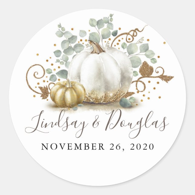 Sticker Rond Mariage de automne Citrouille or et blanc (Devant)