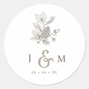 Sticker Rond Mariage de automne de monogramme Pinecone et Acorn