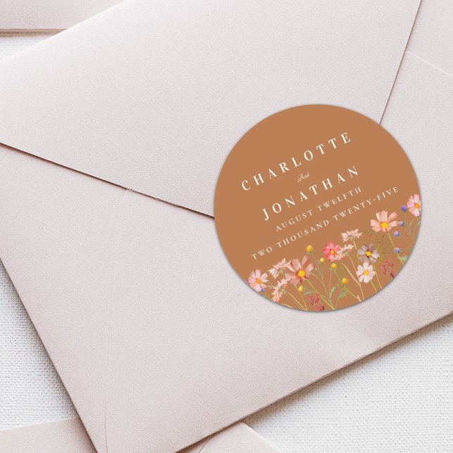 Sticker Rond Mariage de automne floral en terre cuite Boho (Terracotta Boho fall rustic Wildflower floral custom Wedding sticker watercolor elegant modern)