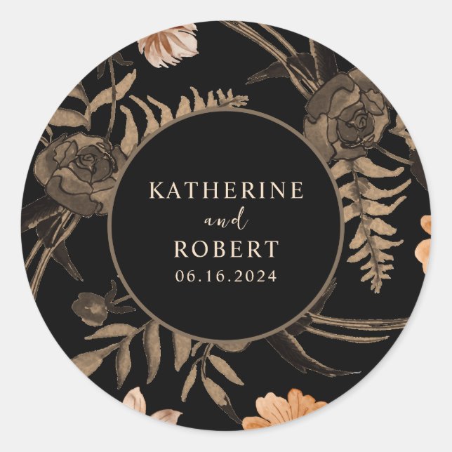 Sticker Rond Mariage de automne floral noir Burt orange terre c (Devant)