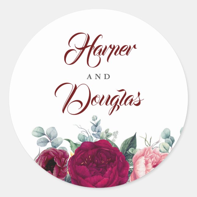 Sticker Rond Mariage de automne floral rouge de Bourgogne (Devant)
