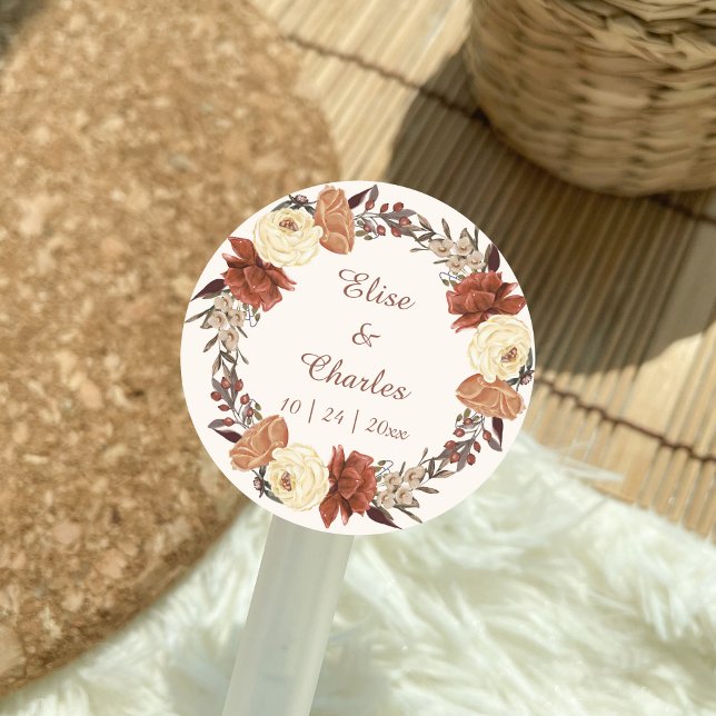 Sticker Rond Mariage de automne Floral Wreath (Fall Rustic Boho Wedding Sticker, Gift Label, Round sticker.)