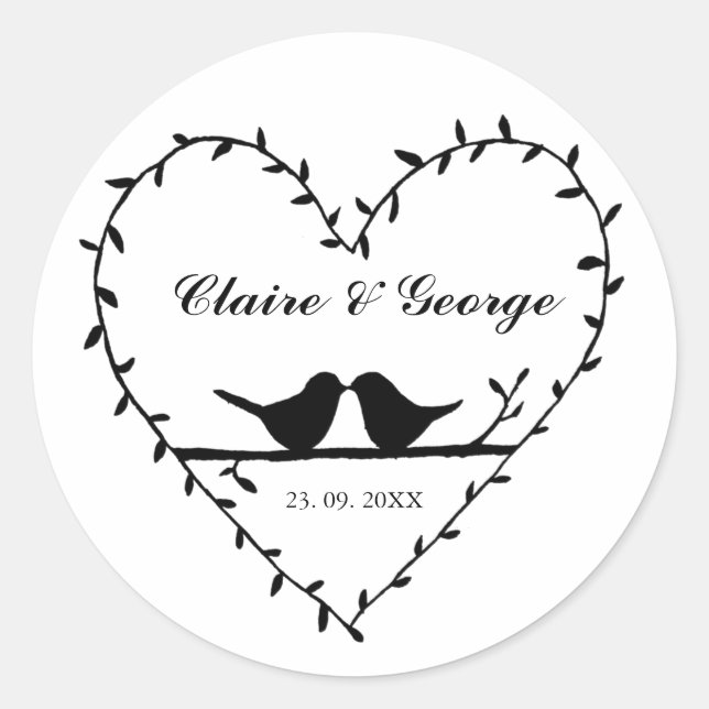Sticker Rond Mariage de automne personnalisé Lovebird noir et b (Devant)
