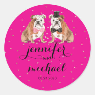 Sticker Rond Mariage de bouledogue anglais rose néon
