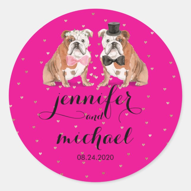 Sticker Rond Mariage de bouledogue anglais rose néon (Devant)
