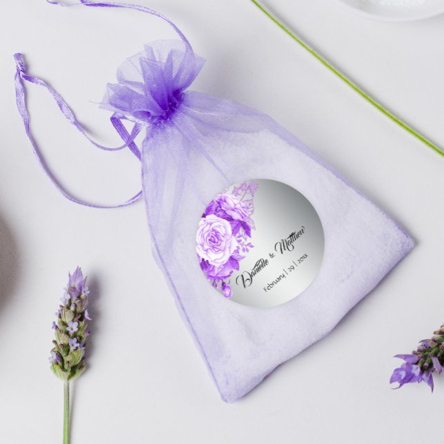 Sticker Rond Mariage de bouquet de rose violette en argent (Créateur téléchargé)