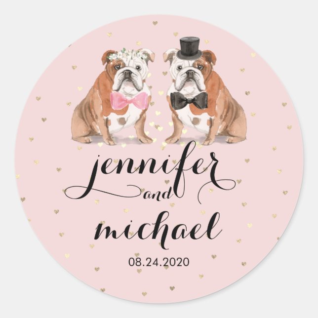 Sticker Rond Mariage de Bulldog anglais rose (Devant)