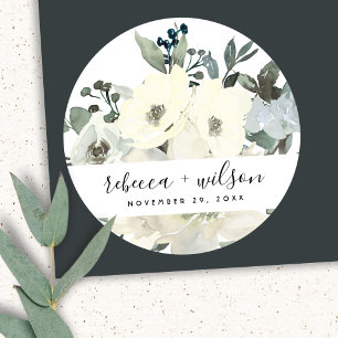 STICKER ROND MARIAGE DE BUNCH EN COULEUR D'EAU FLORALE BLANC EN