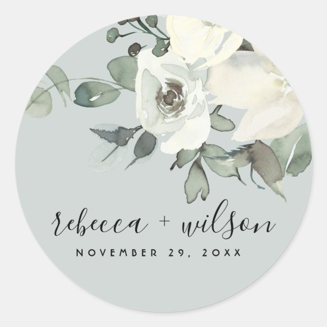 STICKER ROND MARIAGE DE BUNCH FLORAL FLORALE EN IVOIRE GRISE (Devant)