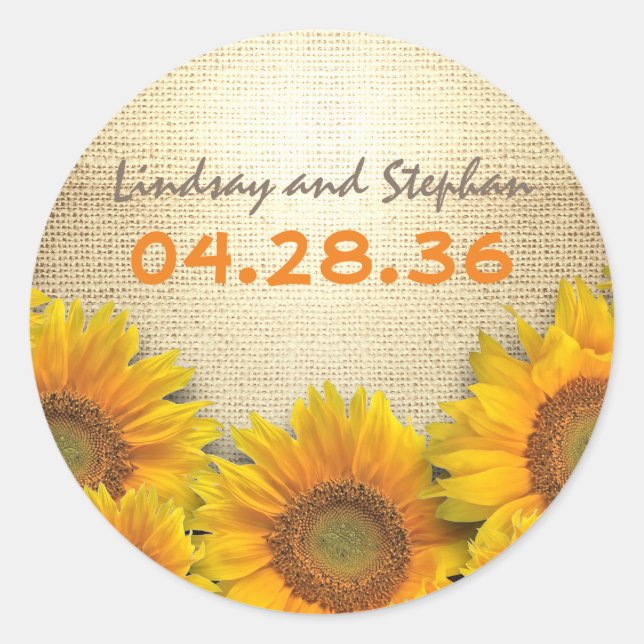 Sticker Rond Mariage de Burlap de tournesol rustique (Devant)