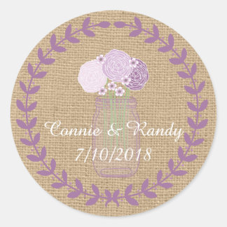 Sticker Rond Mariage de Burlap rustique et de Fleurs de Jar Mas