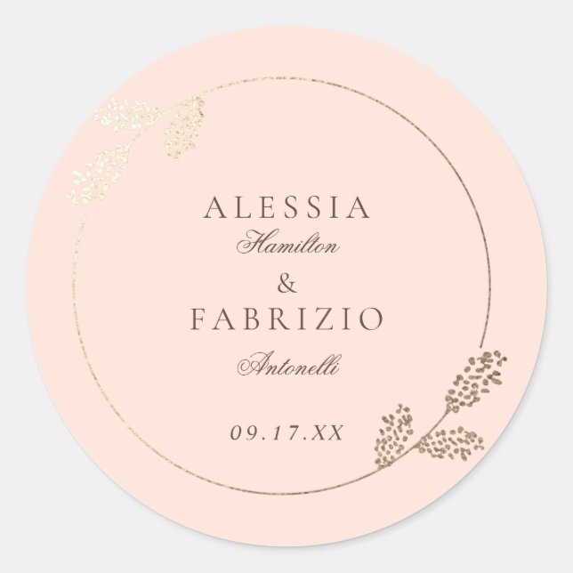 Sticker Rond Mariage de cadre botanique moderne Blush Faux Gold (Devant)