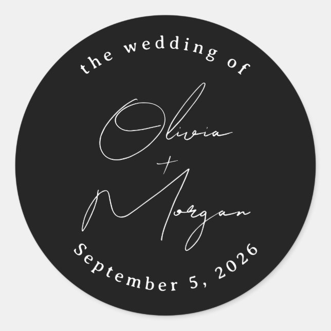 Sticker Rond Mariage de calligraphie de script minimaliste noir (Devant)