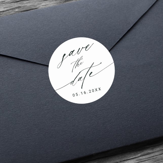 Sticker Rond Mariage de calligraphie élégant Enregistrer la dat (Créateur téléchargé)