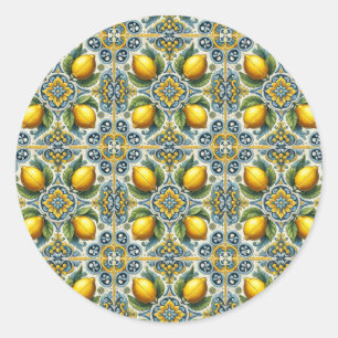 Sticker Rond Mariage de carreaux méditerranéens Capri citron bl