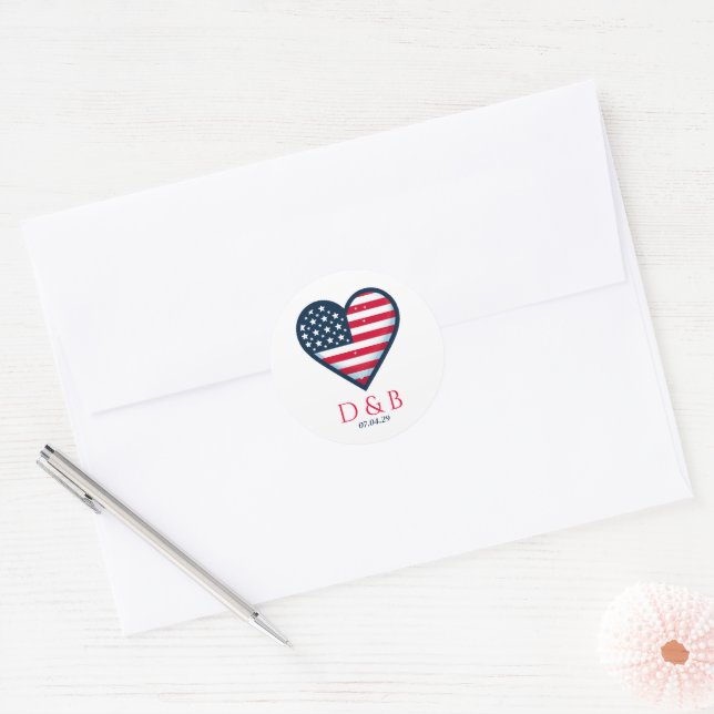 Sticker Rond MARIAGE de coeur de couple USA (Enveloppe)