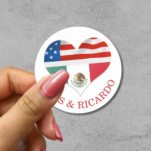 Sticker Rond Mariage de Coeurs de drapeaux mexicains américains