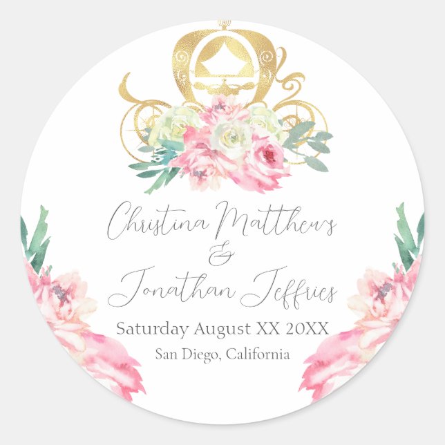 Sticker Rond Mariage de conte de fées avec calèche et fleurs ro (Devant)