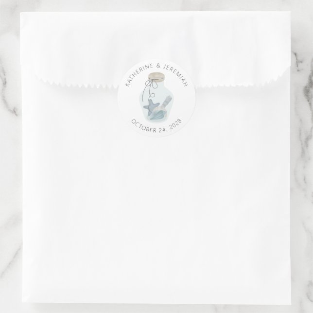 Sticker Rond Mariage de coquillage nautique moderne rustique (Sac)