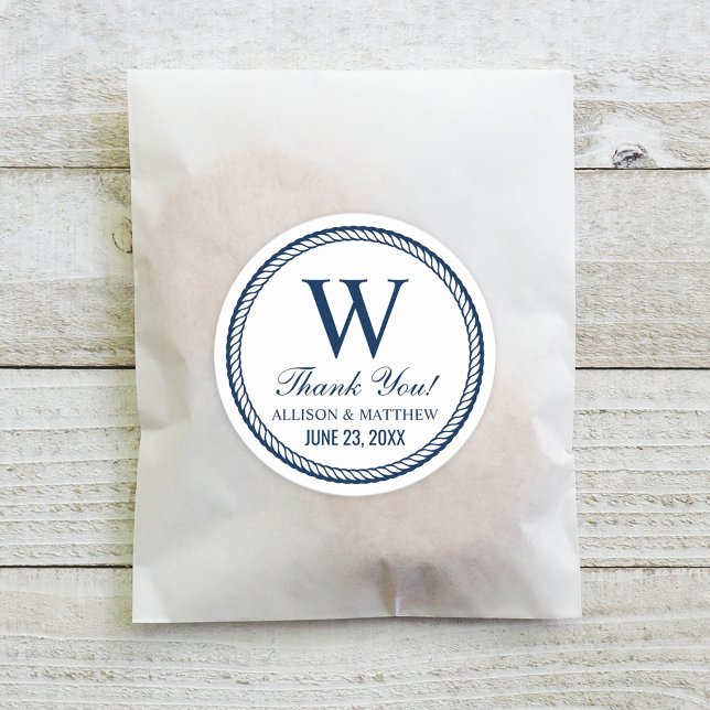 Sticker Rond Mariage de corde marine nautique Monogramme Merci (Créateur téléchargé)