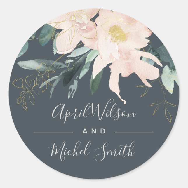 STICKER ROND MARIAGE DE COULEUR D'EAU FLORALE BUNCH BLUSH GOLD (Devant)