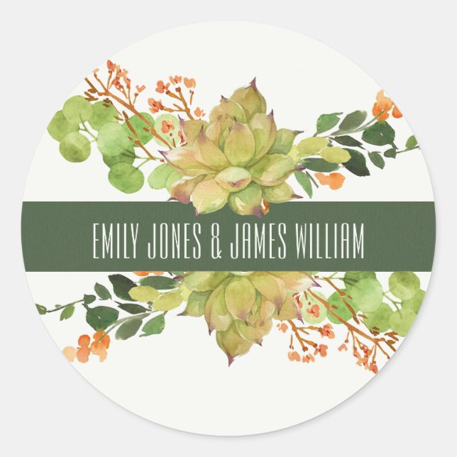 STICKER ROND MARIAGE DE COULEUR D'EAU FLORALE SUCCULTE CACTUS O (Devant)