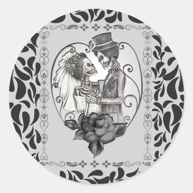 Sticker Rond Mariage de couple d'amour de squelette Danse de ma (Devant)