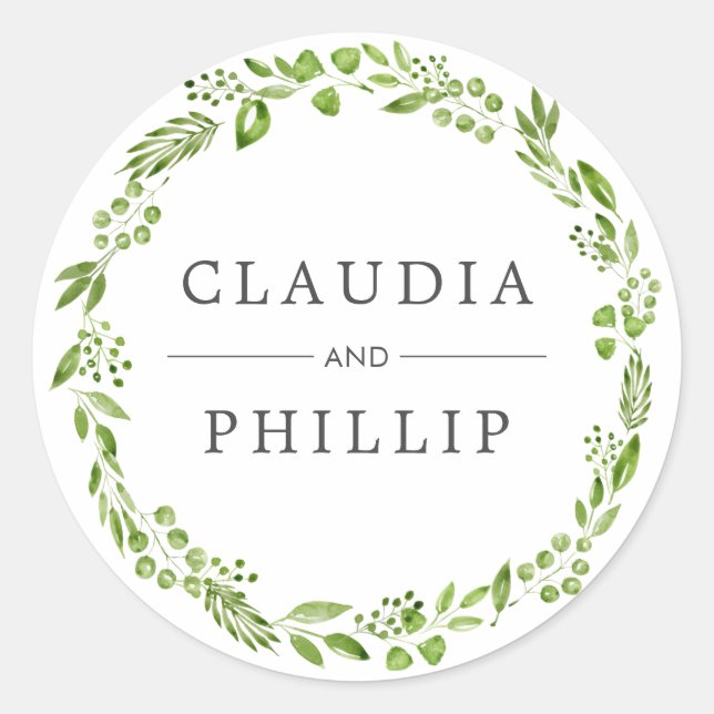 Sticker Rond Mariage de courme de feuille d'olive vert rustique (Devant)