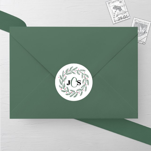 Sticker Rond Mariage de couronne À feuillage persistant Monogra (Créateur téléchargé)