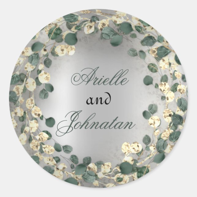 Sticker Rond Mariage de couronne d'eucalyptus Nom Favoriser l'o (Devant)