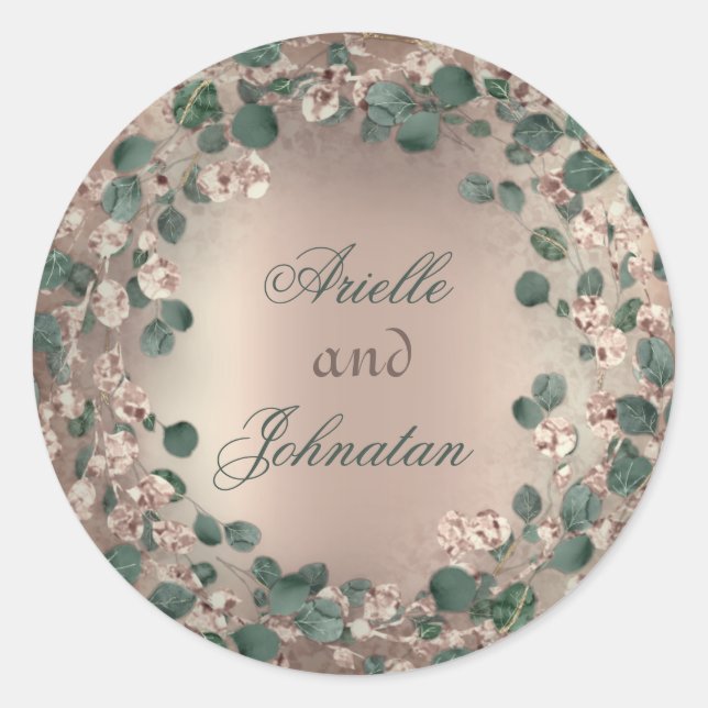 Sticker Rond Mariage de couronne d'Eucalyptus Nom Favoriser Ros (Devant)