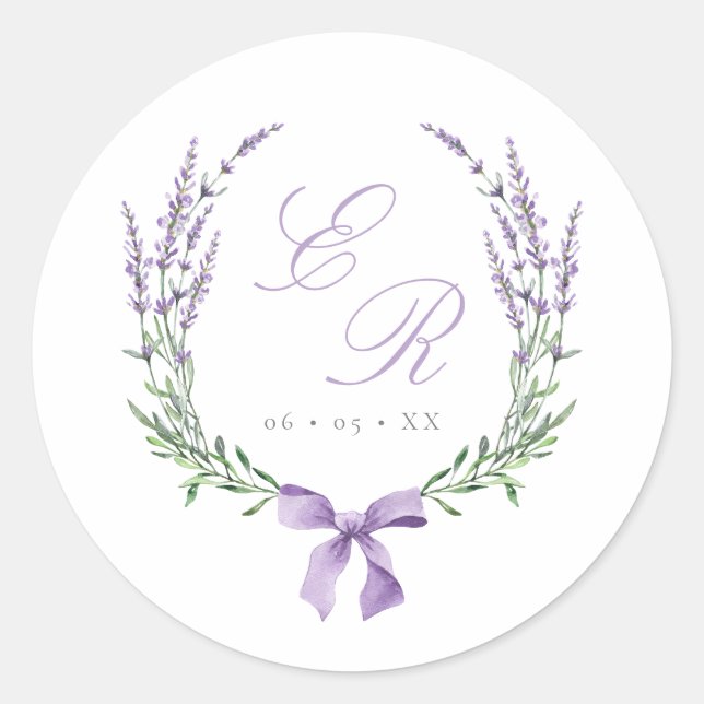 Sticker Rond Mariage de couronne et de monogramme de lavande (Devant)