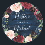Sticker Rond Mariage de couronnes bleu marine bleu bordeaux ble<br><div class="desc">Objets de design a navy blue barn wood background for texture with a beautiful watercolor wreath in shades of navy,  green,  blush pink,  Marsala,  burgundy and more. Donc,  Wreath fegreenery,  eucalyptus,  peony rose element and more.</div>