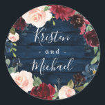 Sticker Rond Mariage de couronnes bleu marine bleu bordeaux ble<br><div class="desc">Objets de design a navy blue barn wood background for texture with a beautiful watercolor wreath in shades of navy,  green,  blush pink,  Marsala,  burgundy and more. Donc,  Wreath fegreenery,  eucalyptus,  peony rose element and more.</div>