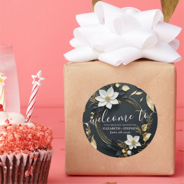 Sticker Rond Mariage de couronnes florales en or noir blanc Bie (Fête)