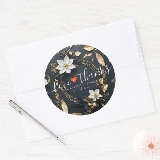 Sticker Rond Mariage de couronnes florales en or noir blanc Bie (Enveloppe)