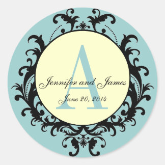 Sticker Rond Mariage de crème bleue Monogramme A Noms Date Étiq