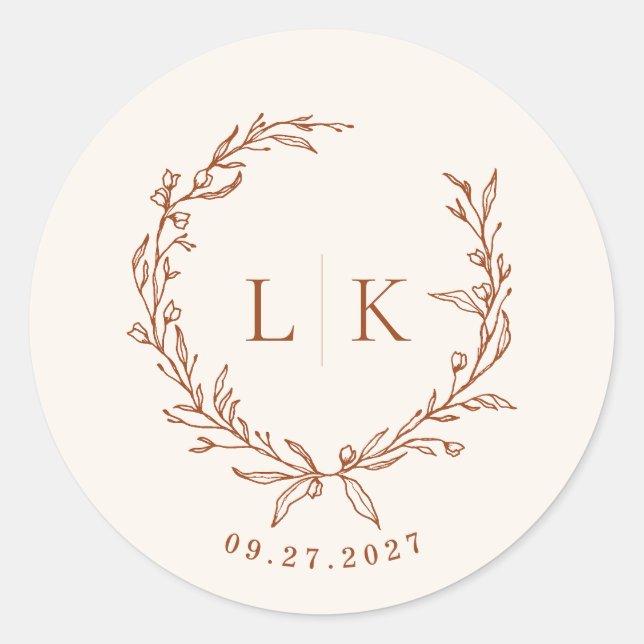 Sticker Rond Mariage de crème en terre cuite Monogramme feuille (Devant)