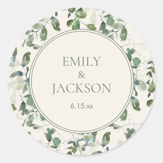 Sticker Rond Mariage de crème Feuille Sage Green Eucalyptus (Devant)